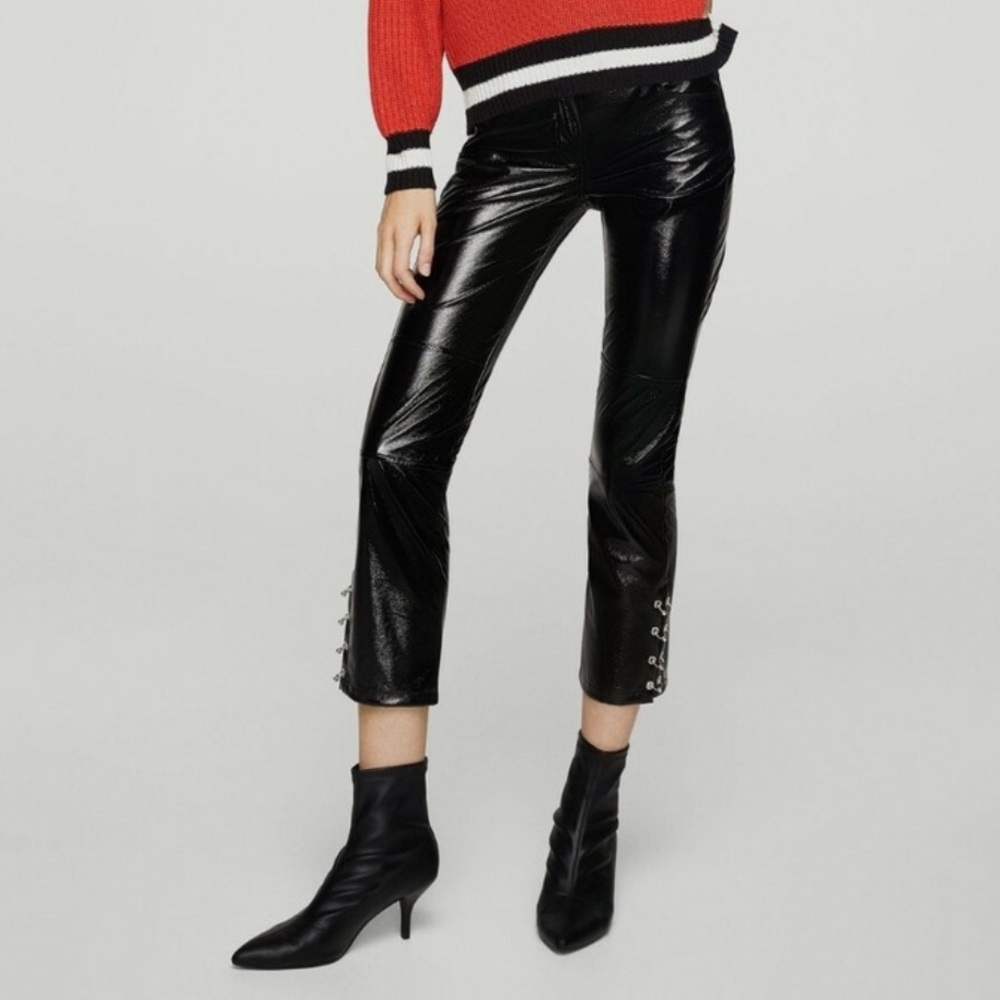 Mango Faux Leather Cropped Pants with Ring Piercing at Outer Hem